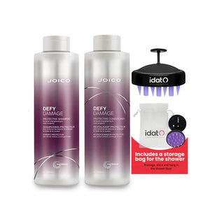 Joico Hair Massager and Shower Bag bundled  with Defy Damage Shampoo and Conditioner Set - Protects and Adds Moisture to Dry Damaged Hair -Packaged by IDAT