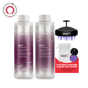 Joico Hair Massager and Shower Bag bundled  with Defy Damage Shampoo and Conditioner Set - Protects and Adds Moisture to Dry Damaged Hair -Packaged by IDAT