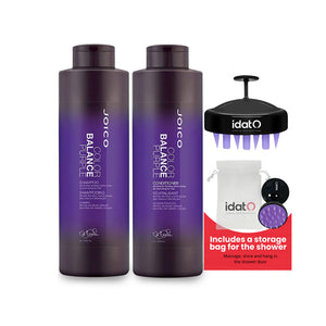 Joico Hair Massager and Shower Bag bundled  with Color Balance Purple Shampoo and Conditioner Set - Moisturizes Protects and Preserves Your Hair- Packaged by IDAT