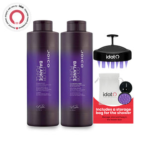 Joico Hair Massager and Shower Bag bundled  with Color Balance Purple Shampoo and Conditioner Set - Moisturizes Protects and Preserves Your Hair- Packaged by IDAT