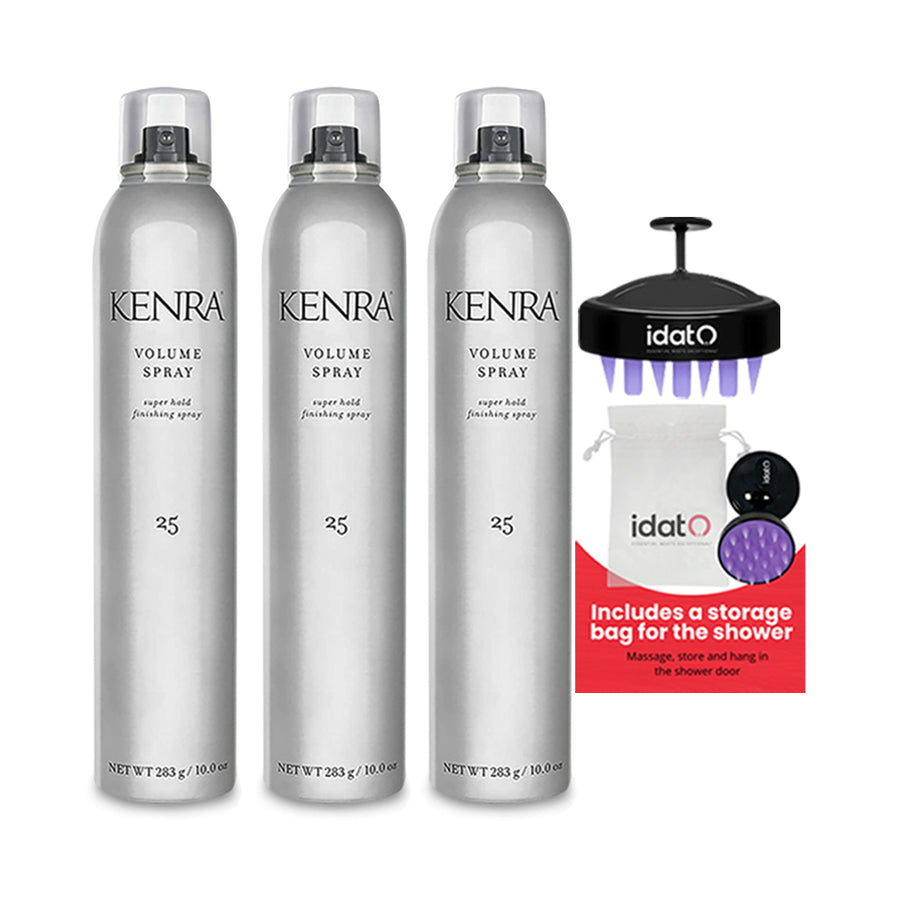 Kenra Volume Hairspray 25 Super Hold - Maximum amount of volume and hold possible  Includes IDAT Head Massager and Shower Pouch