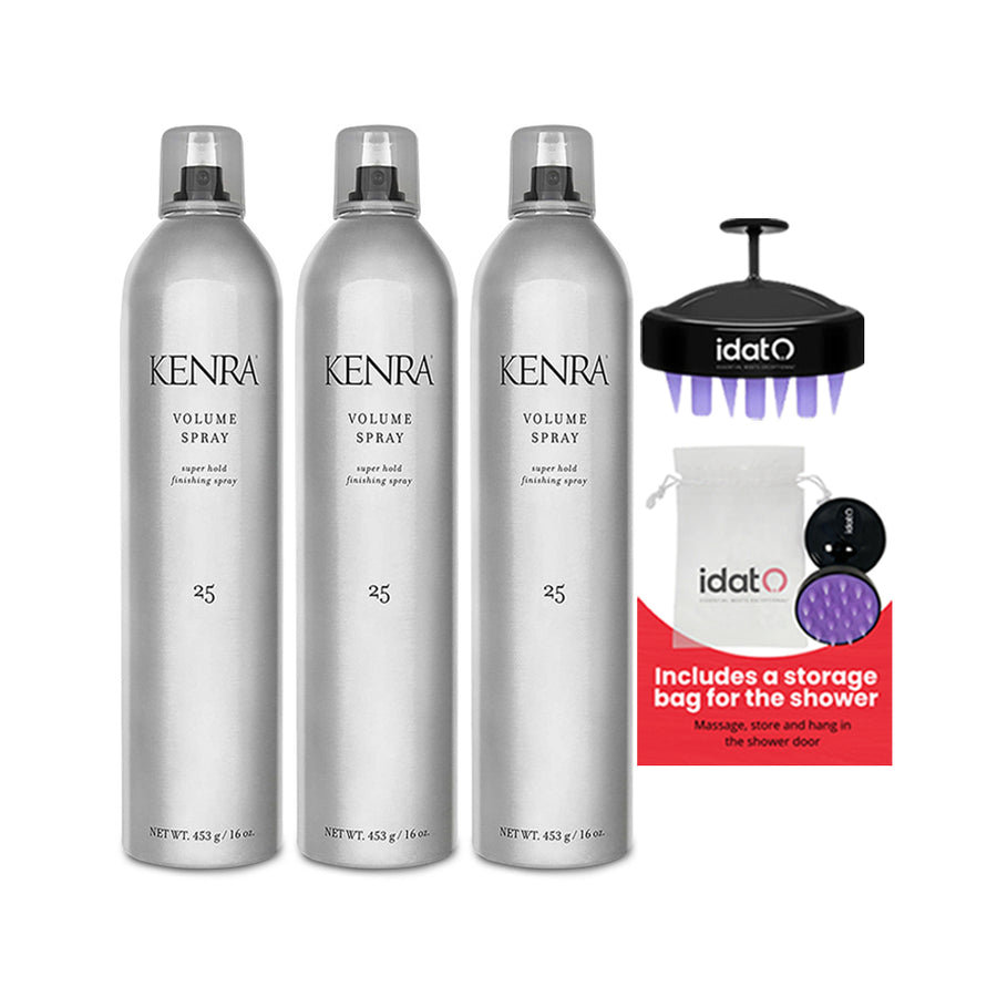 Kenra Volume Hairspray 25 Super Hold -  Maximum amount of volume and hold possible  Includes IDAT Head Massager and Shower Pouch