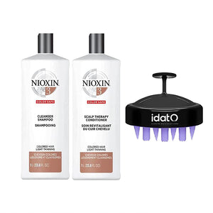 Nioxin System 3 Cleanser Shampoo & Conditioner for Color Treated Hair with Light Thinning 1 Liter Includes IDAT Head Massager & Pouch