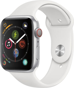 Apple - Apple Watch Series 4 (GPS + Cellular) 44mm Silver Aluminum Case with White Sport Band - Silver Aluminum