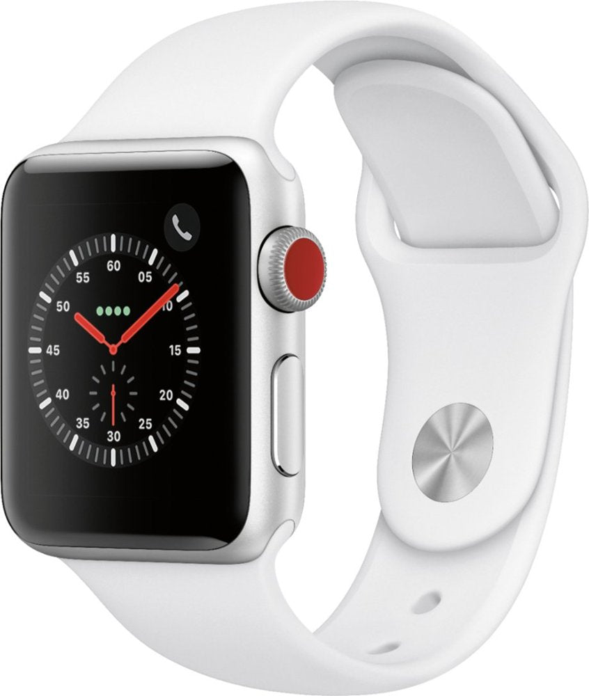 Apple - Apple Watch Series 3 (GPS + Cellular) 38mm Silver Aluminum Case with White Sport Band - Silver Aluminum