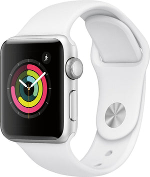 Apple - Geek Squad Certified Refurbished Apple Watch Series 3 (GPS) 38mm Silver Aluminum Case with White Sport Band - Silver Aluminum