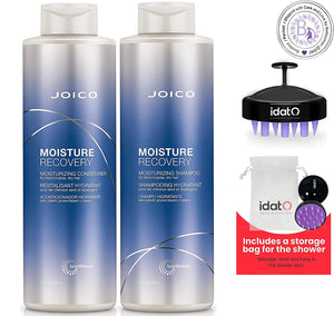 Joico Moisture Recovery Shampoo and Conditioner for DRY Hair Bundle 33.8OZ Set. Includes Head Massager and Shower Pouch by IDAT