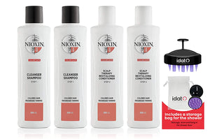 Noixin System 4 Cleanser Shampoo and Conditioner 300ml Set for Color Treated Hair with Progressed Thinning Includes IDAT Head Massager & Pouch