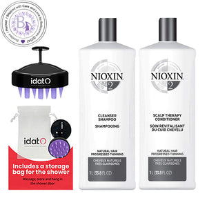 Nioxin System 3 Cleanser Shampoo & Conditioner for Color Treated Hair with Light Thinning 1 Liter Includes IDAT Head Massager & Pouch